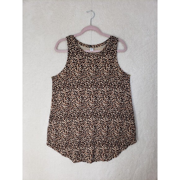 Old Navy Women Top Large Brown Cheetah Print Rayon Blend Sleeveless Tank Shirt - Picture 1 of 16